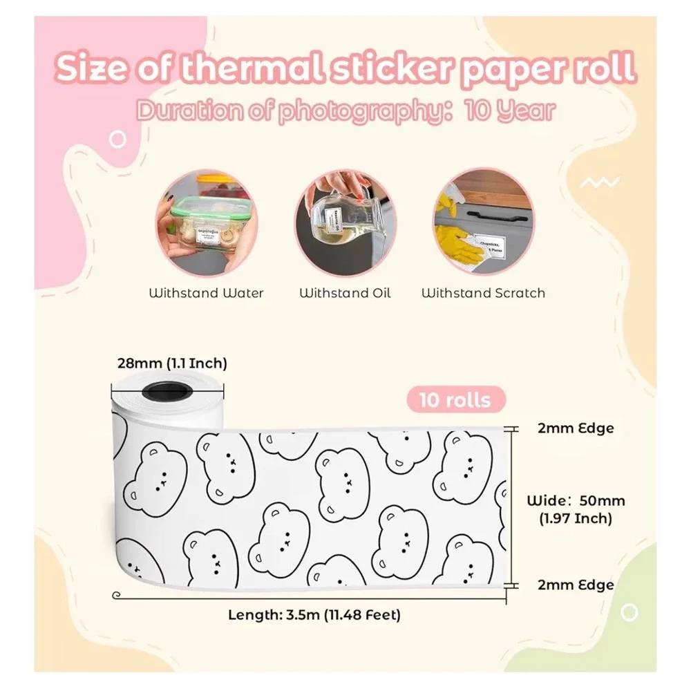 10 Rolls MarkDomain Mini‎ Printer Thermal Paper White Self-Adhesive Sticker 50mm